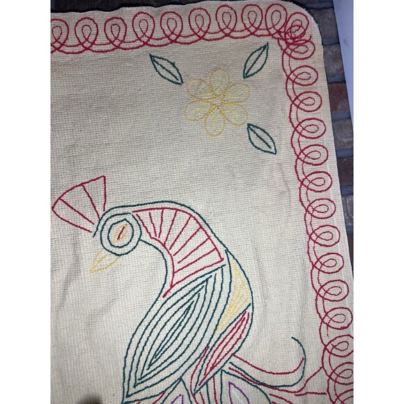 Vintage Chenille Peacock Rug Red Green Yellow White ~ 30”x55” 40-50’s Mod - Picture 12 of 16